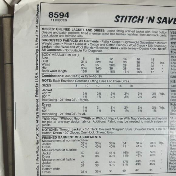 McCall's 8594 Misses' Unlined Jacket and Dress Pattern - Size 8-10-12 - Picture 4 of 5